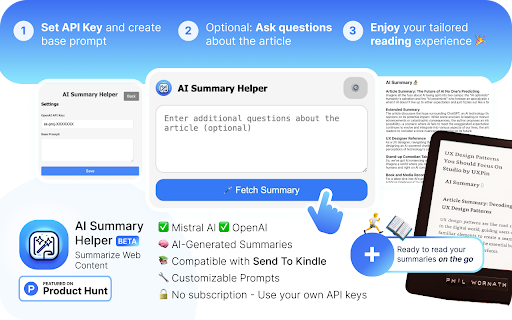 AI Summary Helper OpenAI, Mistral, Ollama, Kindle Summarize Save Articles  from Chrome web store to be run with OffiDocs Chromium online