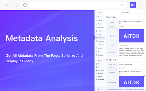 AITDK SEO Extension Traffic/Keywords/Whois/SEO analyzer  from Chrome web store to be run with OffiDocs Chromium online