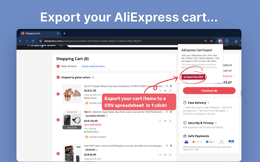 Ali Cart Export: Export your AliExpress cart to CSV  from Chrome web store to be run with OffiDocs Chromium online