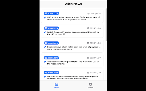 Alien News  from Chrome web store to be run with OffiDocs Chromium online