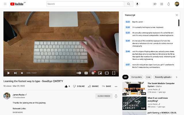 Always on YouTube Transcript  from Chrome web store to be run with OffiDocs Chromium online