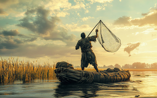 A man stands firm on a small boat  from Chrome web store to be run with OffiDocs Chromium online