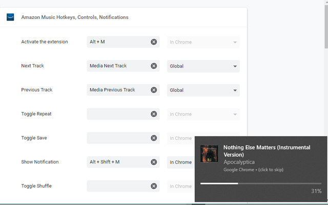 Amazon Music Hotkeys, Controls, Notifications  from Chrome web store to be run with OffiDocs Chromium online