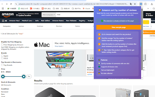 Amazon sort by number of reviews  from Chrome web store to be run with OffiDocs Chromium online