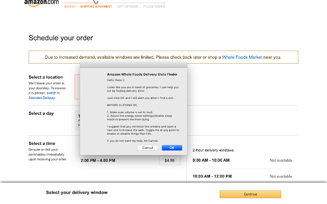 Amazon Whole Foods Delivery Slots Finder  from Chrome web store to be run with OffiDocs Chromium online