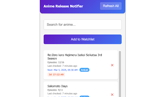 Anime Release Notifier  Tracker  from Chrome web store to be run with OffiDocs Chromium online