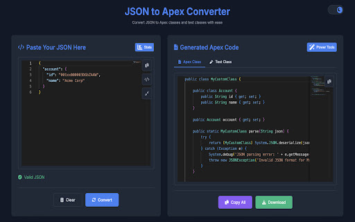 ApexGenie: JSON to Apex Converter  from Chrome web store to be run with OffiDocs Chromium online