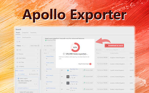 Apollo Exporter Export Apollo.io Data  from Chrome web store to be run with OffiDocs Chromium online