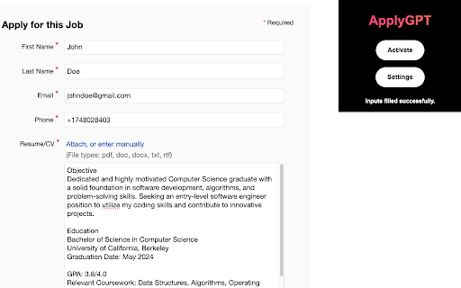 ApplyGPT (Beta)  from Chrome web store to be run with OffiDocs Chromium online