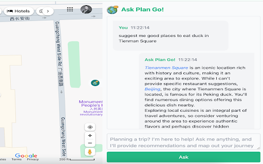 Ask Plan Go! for Google Maps  from Chrome web store to be run with OffiDocs Chromium online