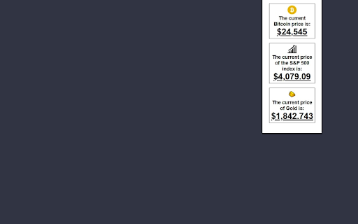 Asset Price Checker: BTC, SP500,  Gold  from Chrome web store to be run with OffiDocs Chromium online