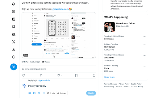 Assistia — AI Social Media Assistant  from Chrome web store to be run with OffiDocs Chromium online