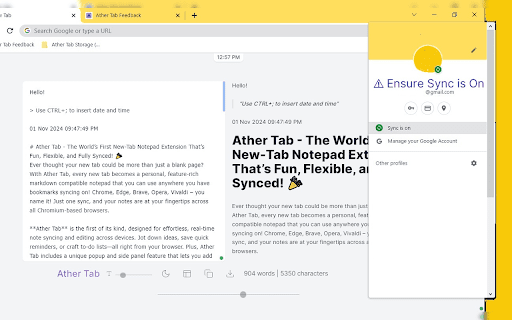 Ather Tab Synced Notes in Tab, Popup and Side Panel  from Chrome web store to be run with OffiDocs Chromium online