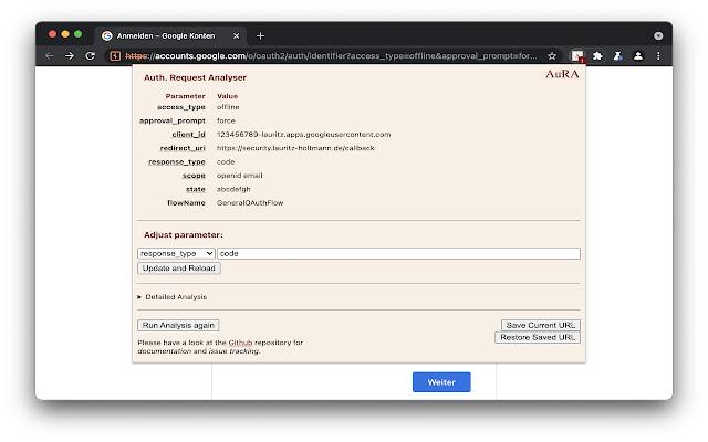 AuRA Auth. Humiling ng Analyzer mula sa Chrome web store na patakbuhin gamit ang OffiDocs Chromium online