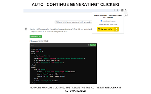Auto Continue  Download Codes for ChatGPT  from Chrome web store to be run with OffiDocs Chromium online