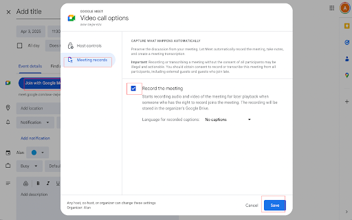 Auto Enable Google Meet Recording For Calendar  from Chrome web store to be run with OffiDocs Chromium online