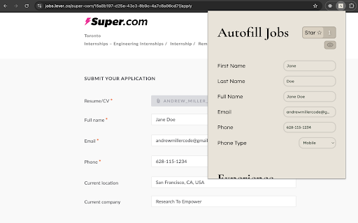 Autofill Jobs  from Chrome web store to be run with OffiDocs Chromium online