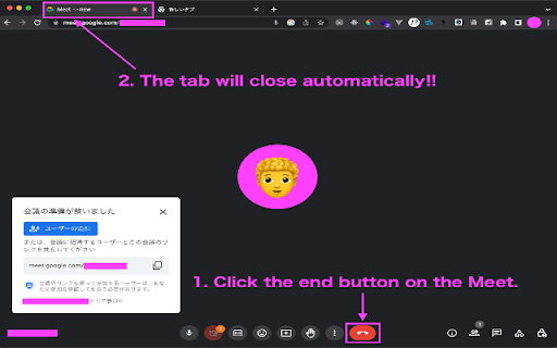 Auto Google Meet Window Closer  from Chrome web store to be run with OffiDocs Chromium online