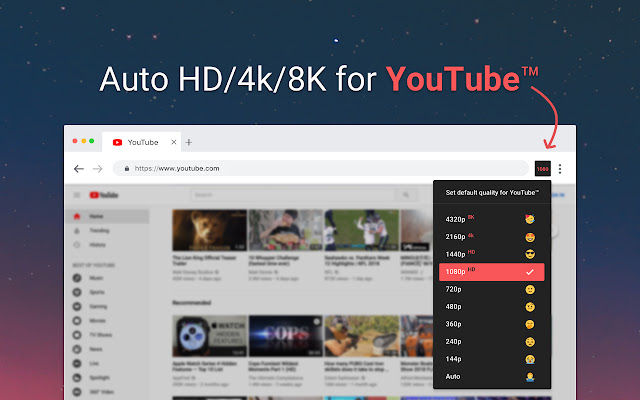 Auto HD/4k/8k for YouTube™ YouTube™ Auto HD  from Chrome web store to be run with OffiDocs Chromium online