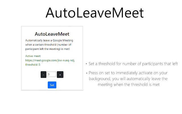 AutoLeaveMeet: Google Meet Auto Leaver  from Chrome web store to be run with OffiDocs Chromium online