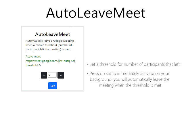 AutoLeaveMeet: Google Meet Auto Leaver  from Chrome web store to be run with OffiDocs Chromium online