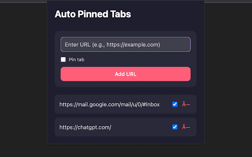 Auto Pinned Tabs  from Chrome web store to be run with OffiDocs Chromium online