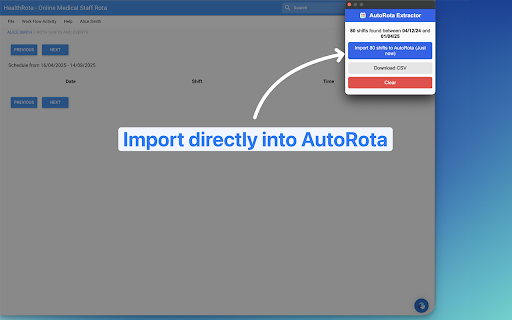 AutoRota Extractor  from Chrome web store to be run with OffiDocs Chromium online