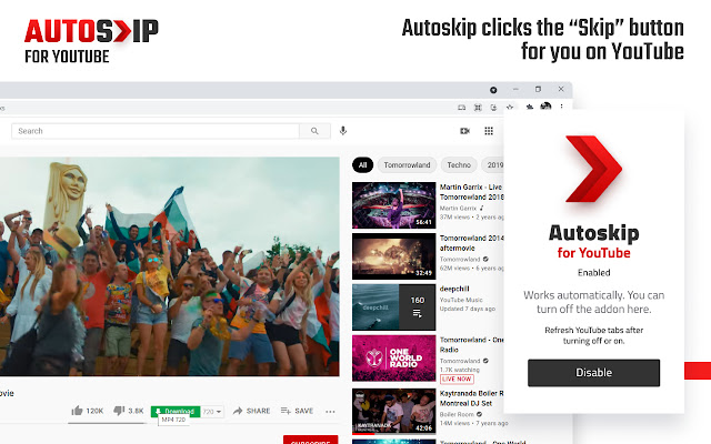 Autoskip for Youtube  from Chrome web store to be run with OffiDocs Chromium online