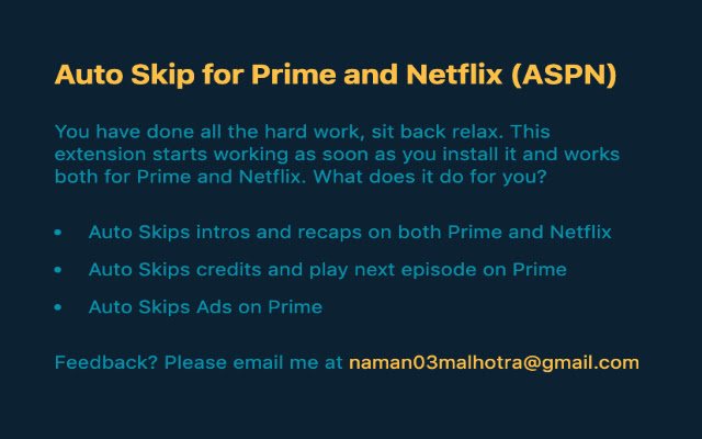 Auto Skip Intro for Prime and Netflix (ASPN)  from Chrome web store to be run with OffiDocs Chromium online