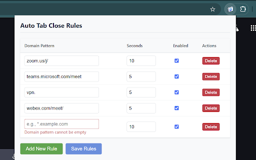 Auto Tab Close  from Chrome web store to be run with OffiDocs Chromium online