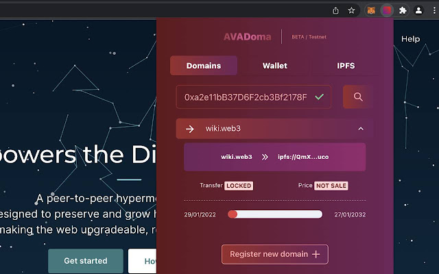 AVADoma Domains for IPFS, AVAX Wallet  from Chrome web store to be run with OffiDocs Chromium online