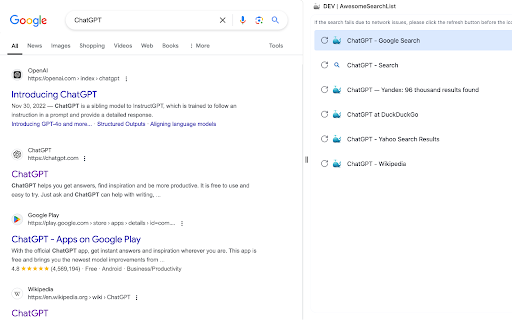 AwesomeSearchList  from Chrome web store to be run with OffiDocs Chromium online
