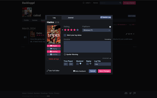 Backloggd Better Journal  from Chrome web store to be run with OffiDocs Chromium online