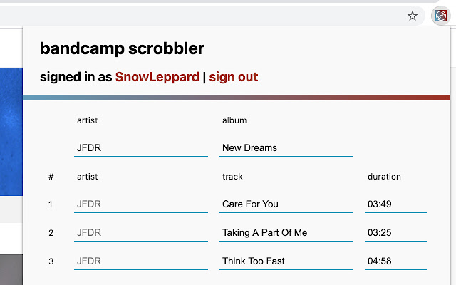 Bandcamp Scrobbler  from Chrome web store to be run with OffiDocs Chromium online