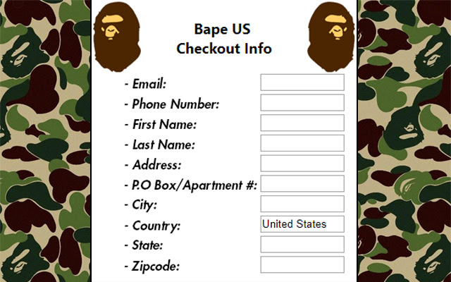 Bape US Checkout Autofiller  from Chrome web store to be run with OffiDocs Chromium online