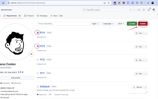 Batch Delete GitHub repos  from Chrome web store to be run with OffiDocs Chromium online