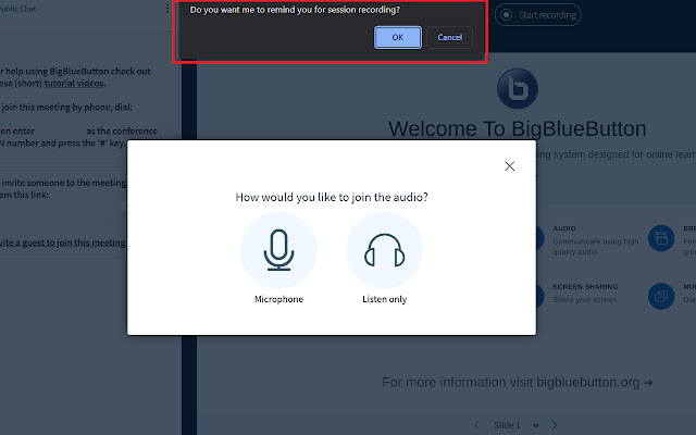 BBB recording reminder  from Chrome web store to be run with OffiDocs Chromium online