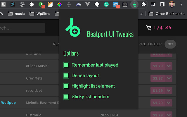 Beatport UI Tweaks  from Chrome web store to be run with OffiDocs Chromium online
