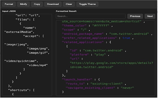 Better JSON Formatter  from Chrome web store to be run with OffiDocs Chromium online