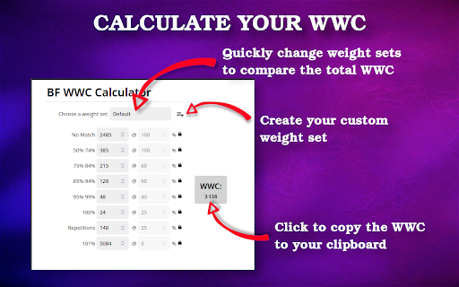 BF WWC Calculator  from Chrome web store to be run with OffiDocs Chromium online