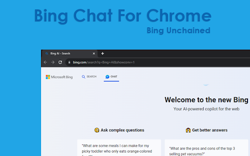Bing Chat For Chrome Bing Unchained  from Chrome web store to be run with OffiDocs Chromium online