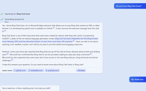 Bing Chat saver  from Chrome web store to be run with OffiDocs Chromium online