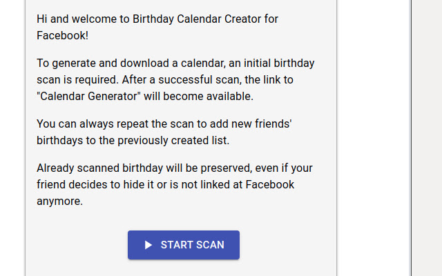 Birthday Calendar Exporter for Facebook  from Chrome web store to be run with OffiDocs Chromium online