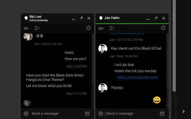 Black Dark Gmail Hangouts Chat Theme  from Chrome web store to be run with OffiDocs Chromium online