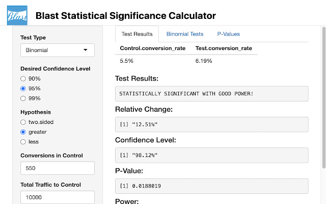 Blast A/B Test Stat Significance Calculator  from Chrome web store to be run with OffiDocs Chromium online