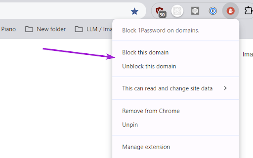 Block 1Password on domains.  from Chrome web store to be run with OffiDocs Chromium online