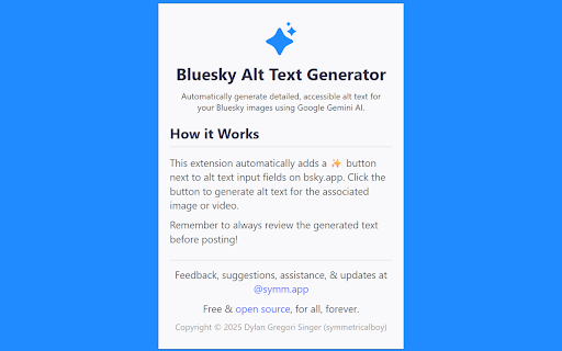 Bluesky Alt Text Generator  from Chrome web store to be run with OffiDocs Chromium online