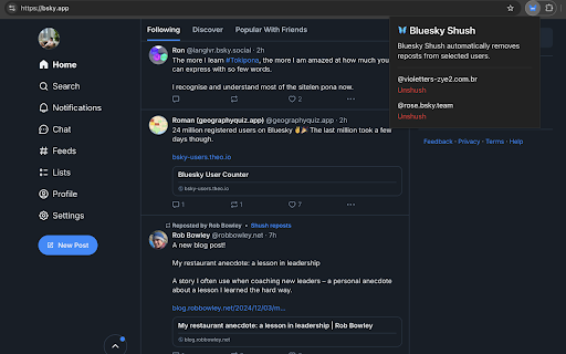 BlueSky Shush  from Chrome web store to be run with OffiDocs Chromium online