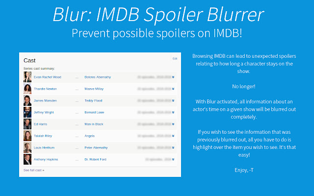 Blur: IMDB Episode Blurrer  from Chrome web store to be run with OffiDocs Chromium online