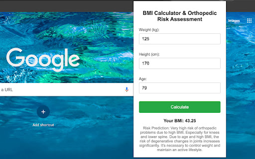 BMI Calculator  Orthopedic Risk Assessment  from Chrome web store to be run with OffiDocs Chromium online
